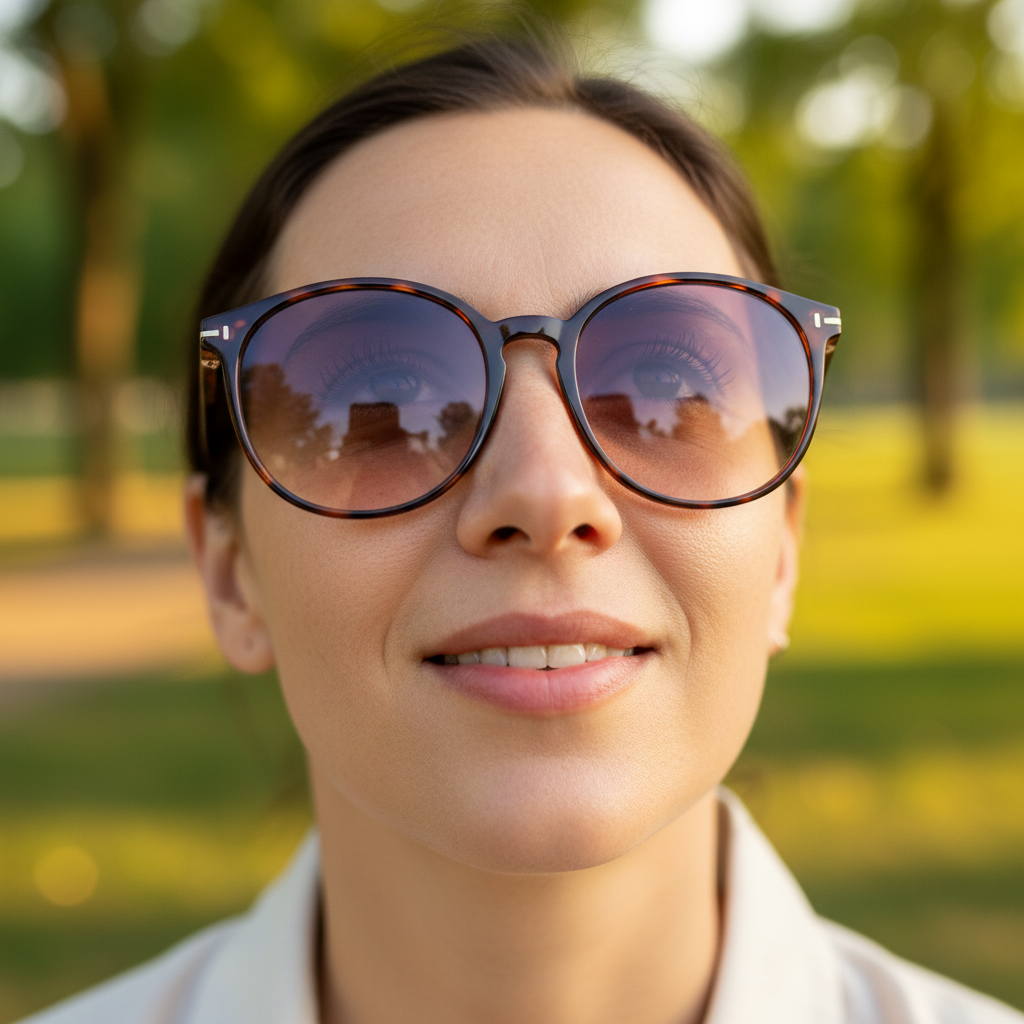 A professional, high-quality photograph of a person wearing stylish, oversized UV400 sunglasses while walking in a bright, sunlit park. The focus is on the eyes and the clarity of the lenses, with a soft bokeh background of green trees.