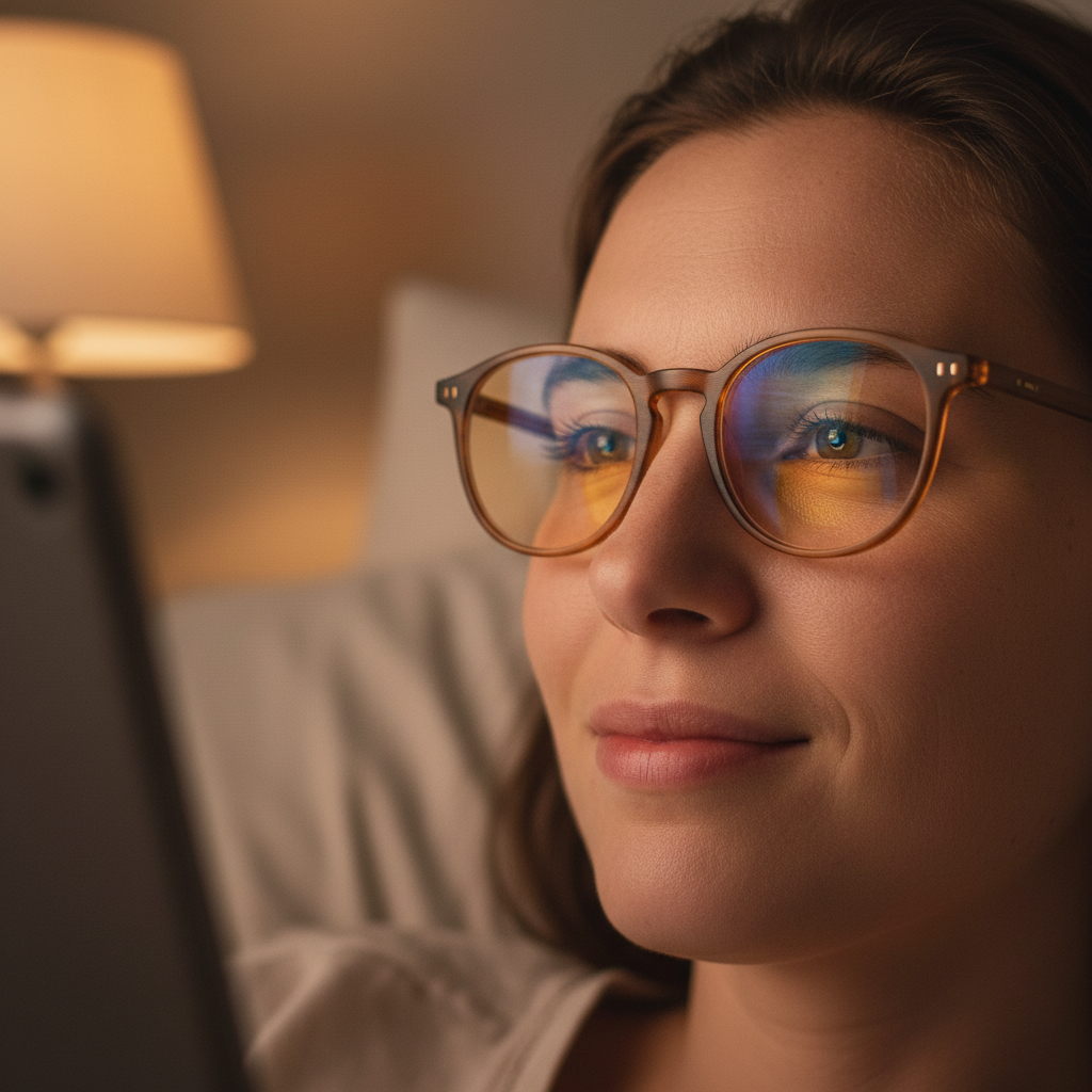 A person wearing amber-tinted blue light blocking glasses while using a tablet in bed before sleep, looking relaxed.
