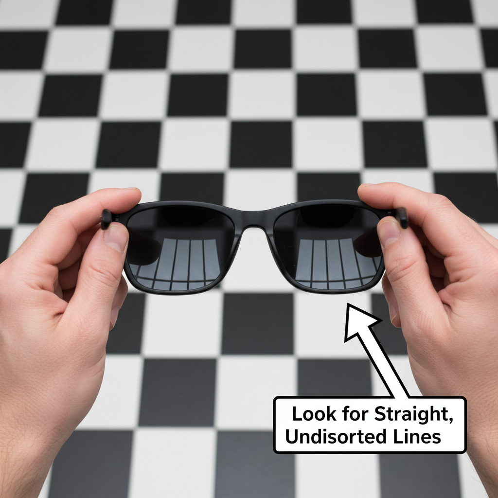 A diagram showing how to check for lens distortion in sunglasses by looking at the reflection of straight lines, like floor tiles.