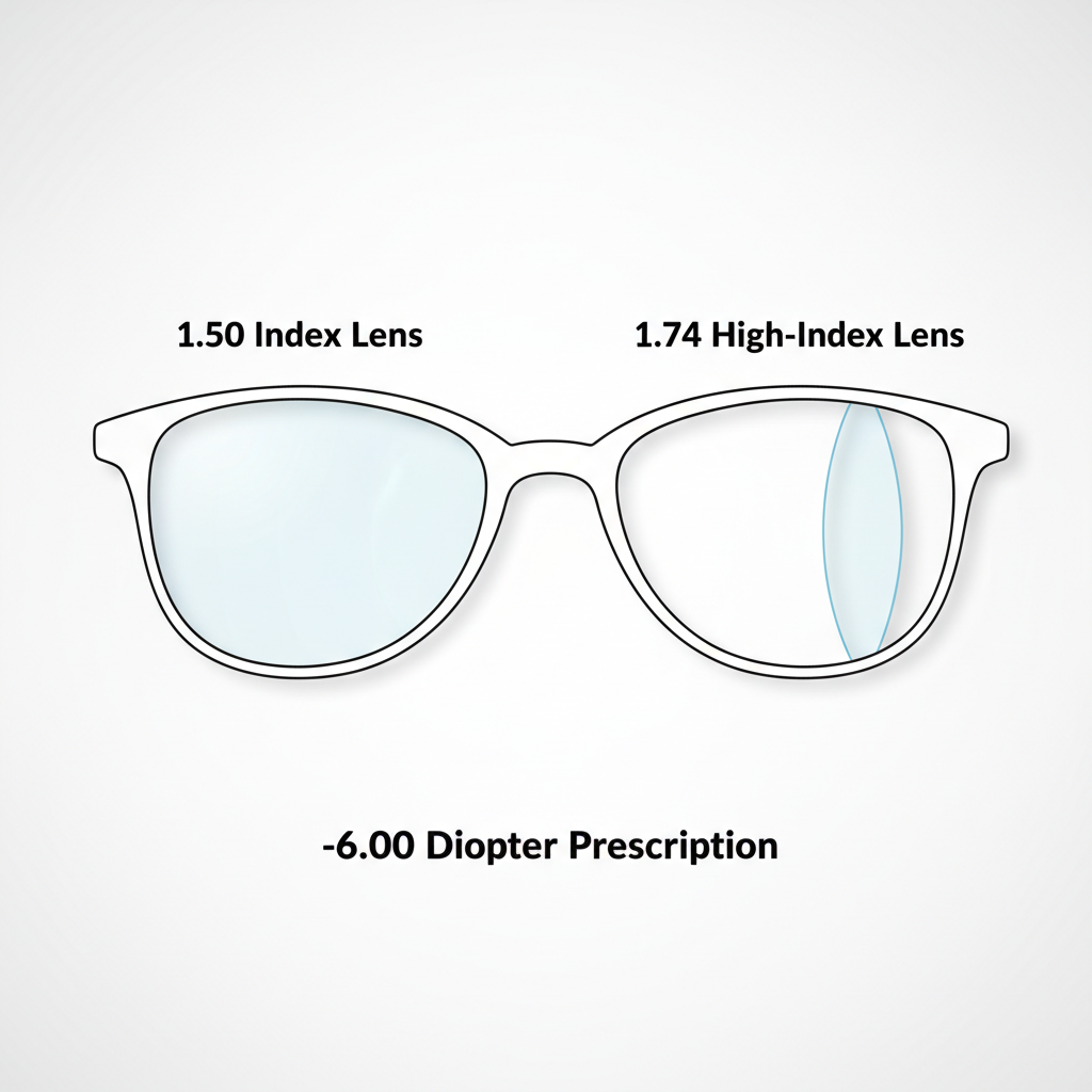 A diagram comparing the edge thickness of a standard 1.50 index lens versus a 1.74 high-index lens for a -6.00 prescription in the same frame.