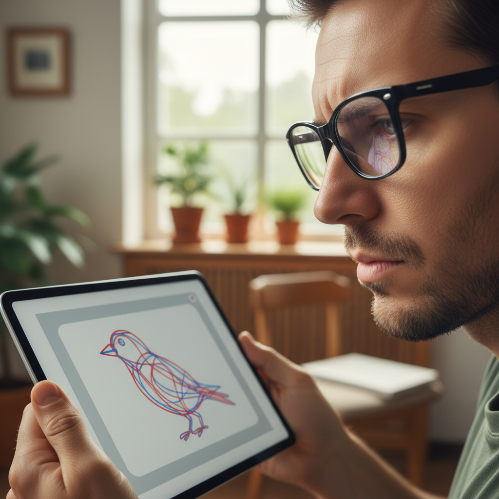 A person engaged in dichoptic vision therapy on a tablet, a technique that forces both eyes to work together.