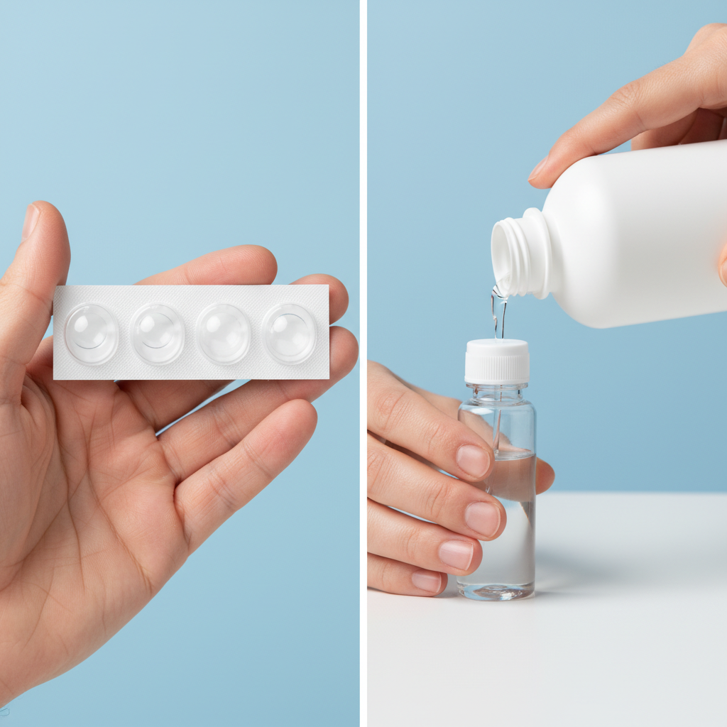 A split-screen image. On the left, a hand holds a neat strip of five daily disposable contact lens blister packs. On the right, a person is shown carefully pouring contact lens solution from a large bottle into a small, clear, 3-ounce travel bottle with a screw-on cap.