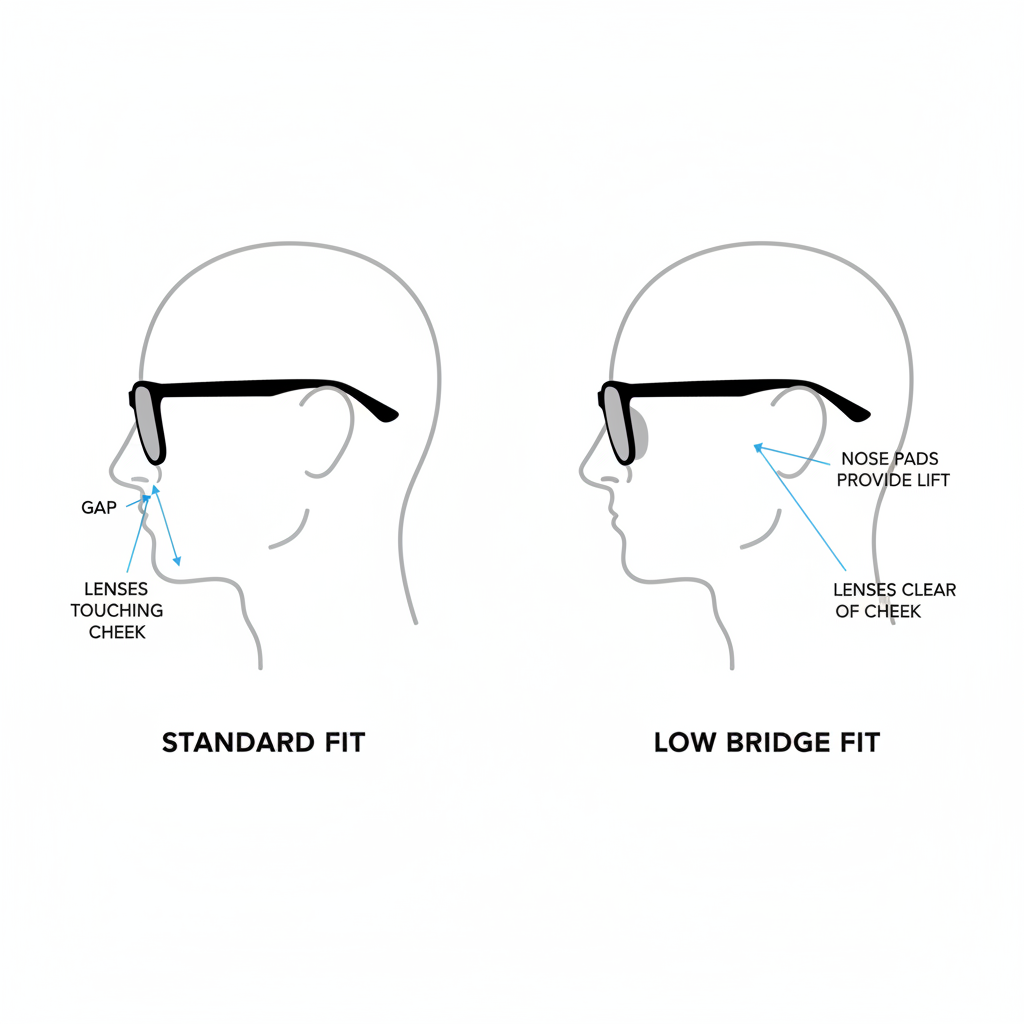 A diagram comparing a standard sunglass fit, which leaves a gap on a low nose bridge, to a low bridge fit, which sits securely.