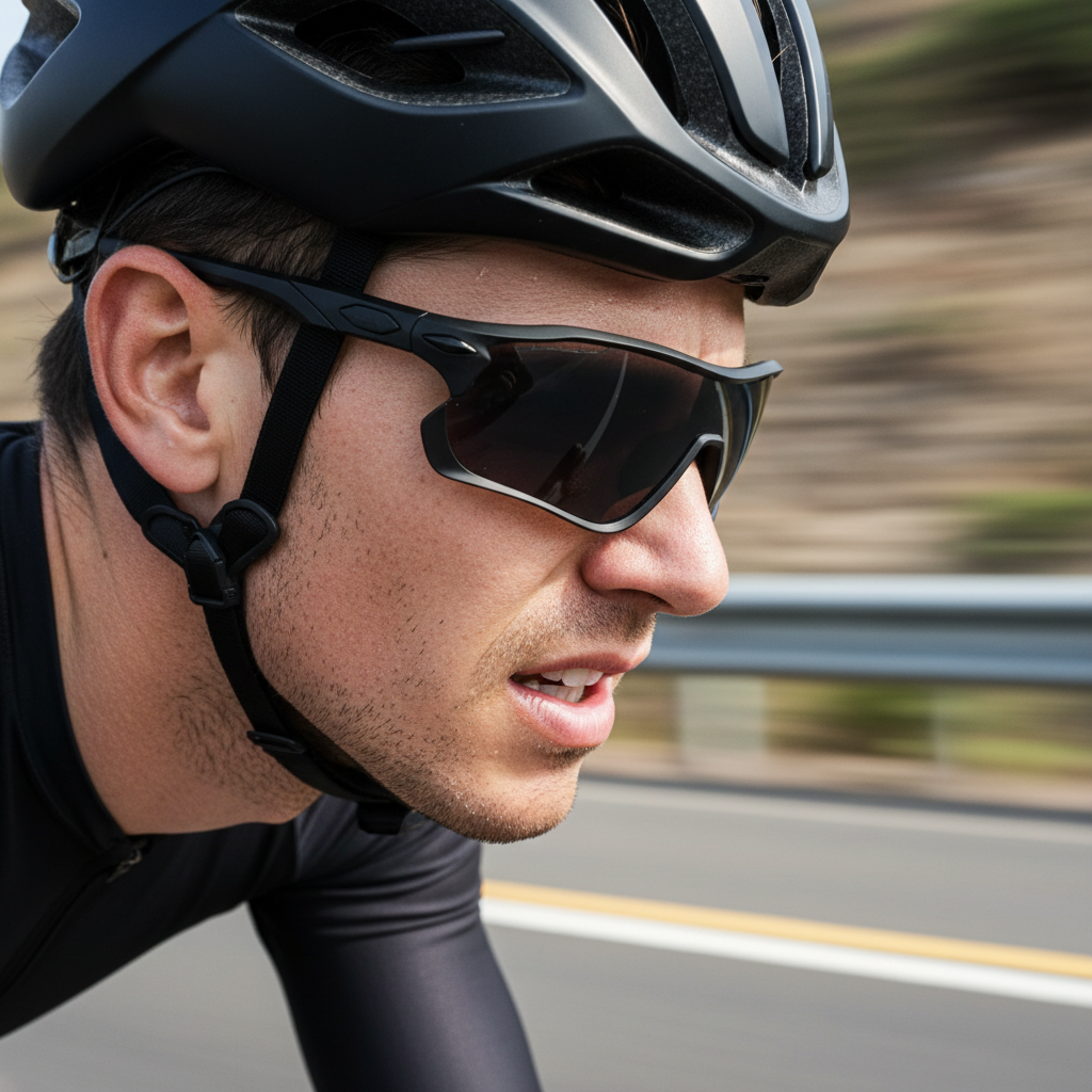 A close-up shot of a cyclist's face, showing how their wraparound prescription sunglasses fit snugly against their face, leaving no gaps at the sides.