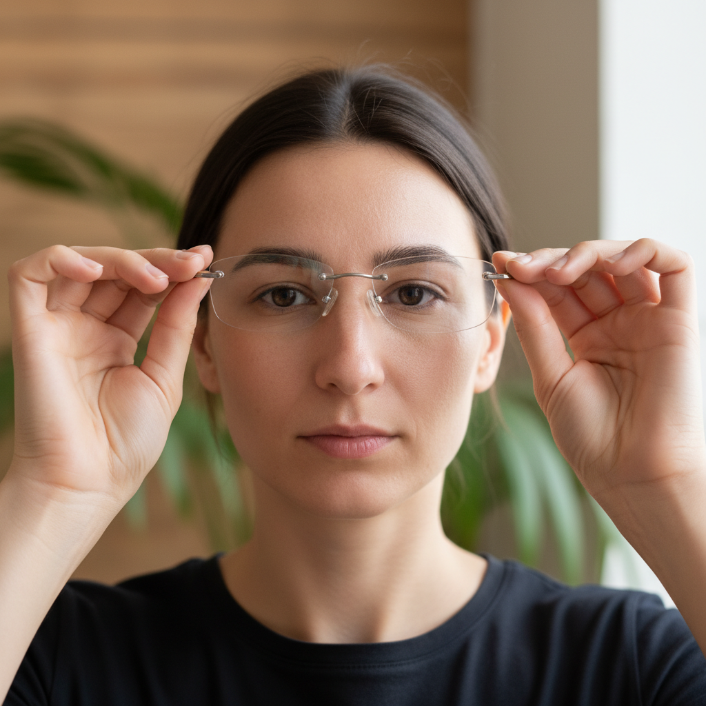 A person correctly demonstrating how to remove their rimless glasses using both hands to prevent frame flex.