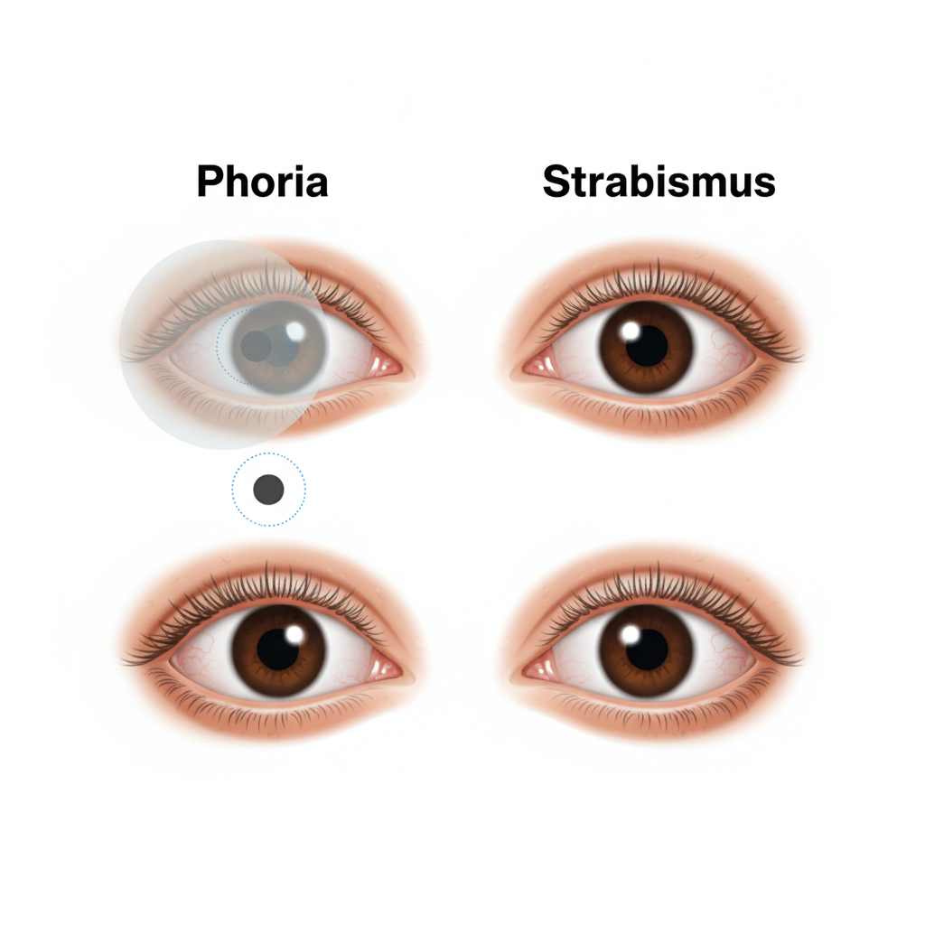Diagram comparing phoria, where an eye drifts only when covered, versus strabismus, where an eye is constantly misaligned.