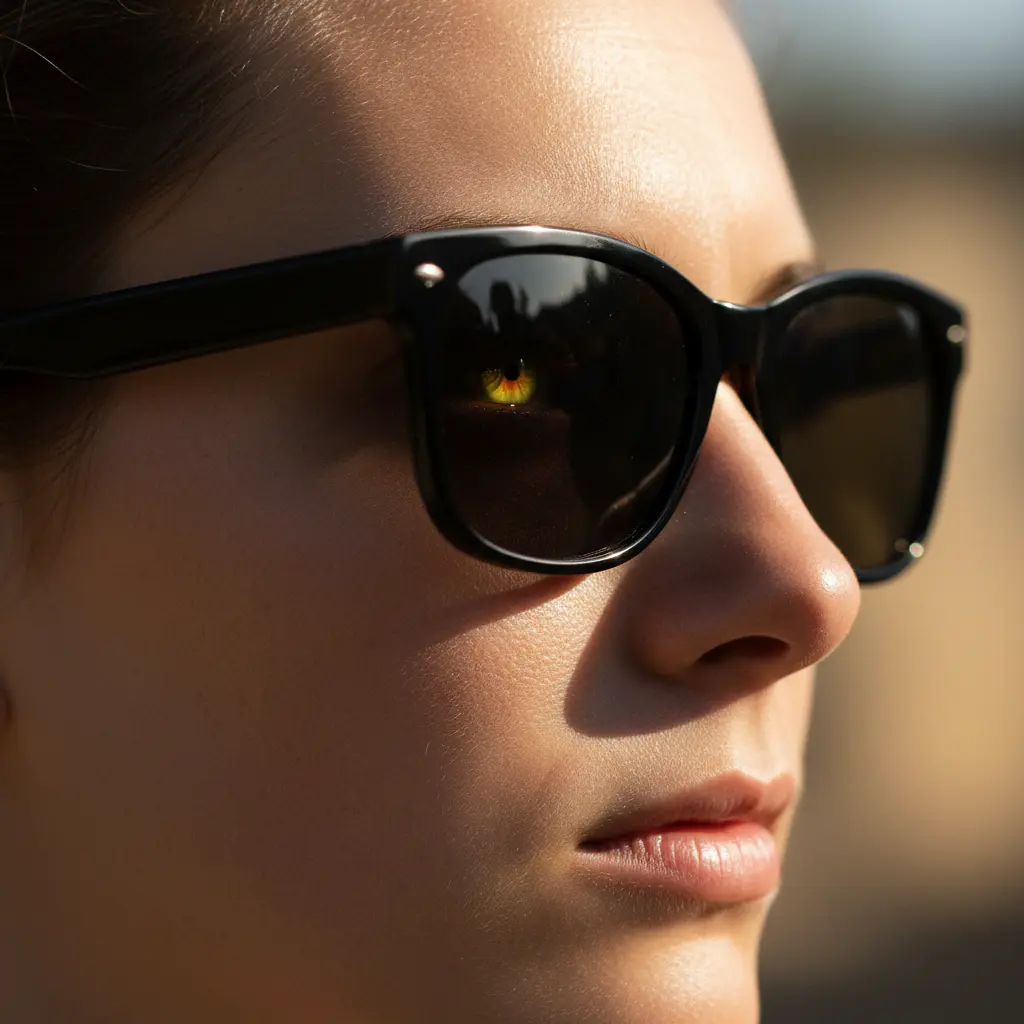 A close-up shot showing a ray of sunlight entering the side of a person's sunglasses, illustrating peripheral light leakage.