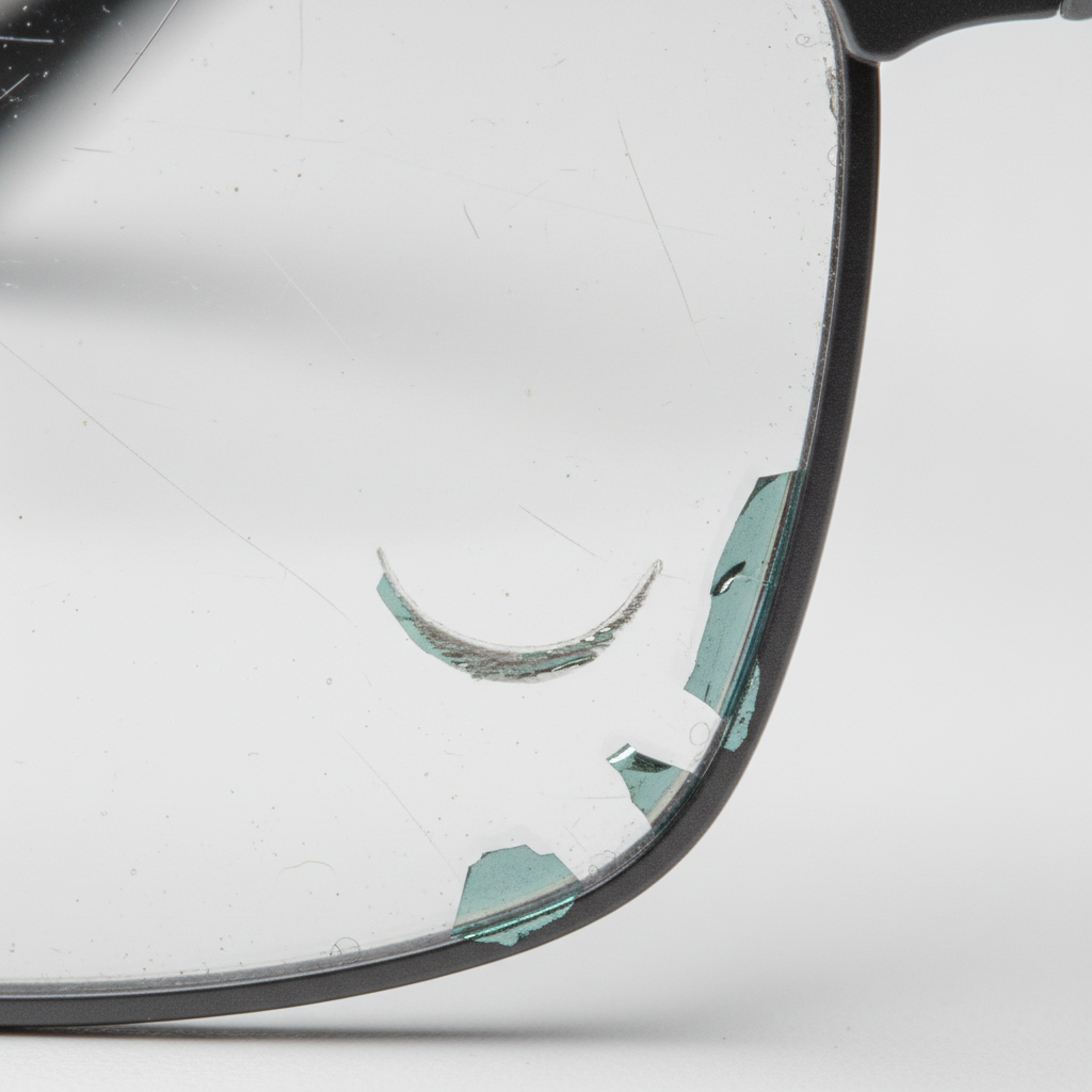 A close-up, detailed macro shot of a sunglass lens with visible scratches and a small area where the anti-reflective coating is starting to peel away at the edge.