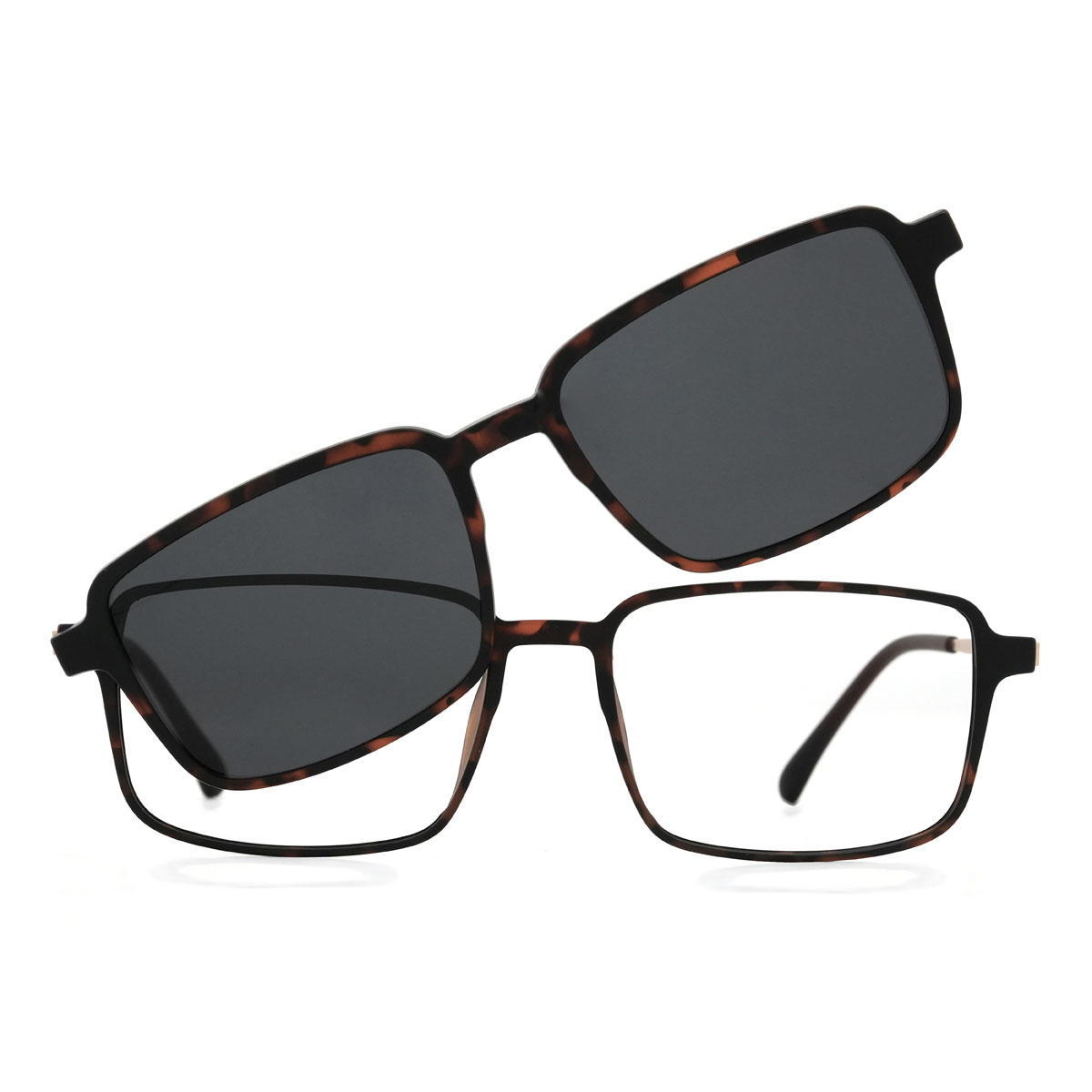 Tortoiseshell Tyrese Glasses - Rectangle Clip-On Sunglasses